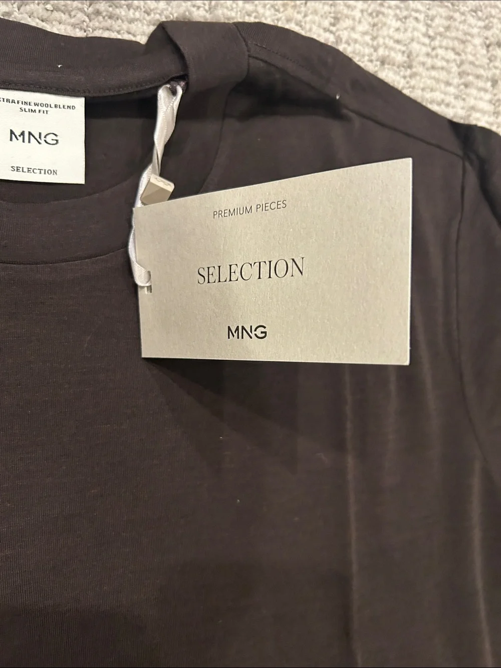 Mango 100% cotton wool blend long sleeve crew neck shirt in brown XS